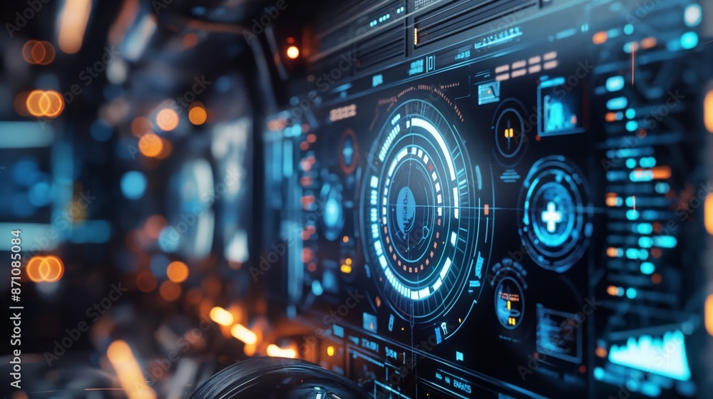 Poster futuristic digital interface with holographic data, highlighting advanced technology and innovation 