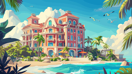 Obraz premium Luxury Hotel on the Beach Cartoon Game Background Coastal Resort Seaside Vacation Accommodation Tropical Paradise Relaxation Holiday Travel Tourism Illustration Ocean Waves Palm