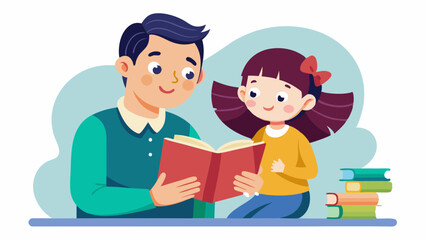 A cute girl reads books with dad, leaf on white background vector art illustration.