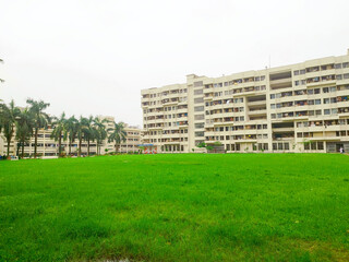 View of big trees and buildings next to green playground