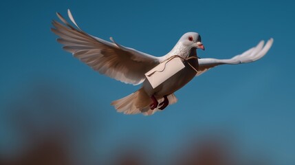 A white carrier pigeon in a postman hat flies with a message in a clear blue sky