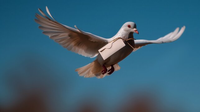 A white carrier pigeon wearing a postman hat flies with a message in its beak