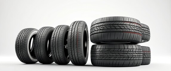 New black tires aligned and stacked, showcasing their tread and durability for automotive repair, maintenance, and vehicle safety.