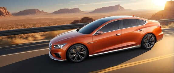 Naklejka premium A sleek orange sedan drives along a desert highway at sunset, embodying travel, freedom, and adventure on an expansive, scenic journey.