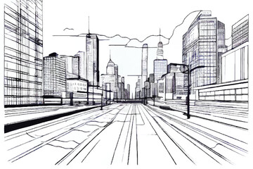 City sketch. City landscape line art. Urban modern landscape. Hand drawn line sketch. Vector illustration. 