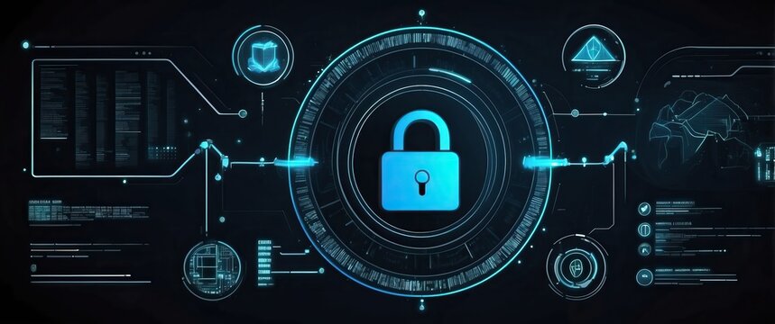 Futuristic cybersecurity interface featuring a central lock icon, networks, and data encryption visuals, representing protection and online security.