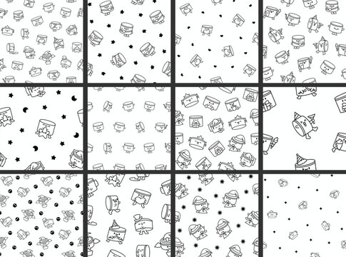 Cartoon kawaii drum character with sticks. Seamless pattern. Coloring Page. Funny musical personage with drumsticks. Hand drawn style. Vector drawing. Collection of design ornaments.