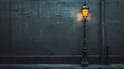 A street lamp is lit up against a dark wall