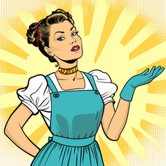 Fototapeta premium retro housewife, with half body view, making a surprised expression, on white background, victorian, scene, character, pop art style, comic. ai generated