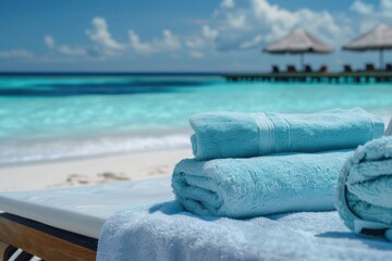 Close up of two pastel blue towels folded on sunbeds with beach chairs, in front of the turquoise sea and white sand on Maldives island Generative AI