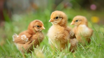 Adorable chicks in green grass. Three fluffy baby chickens explore a vibrant green meadow, perfect for Easter or farm-themed projects.