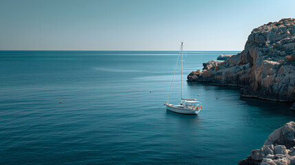 Obraz premium A small white boat is floating in the ocean near a rocky shore