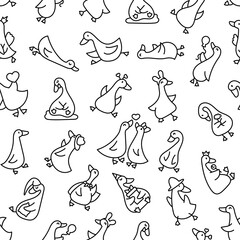 Funny goose characters. Seamless pattern. Coloring Page. Cute cartoon kawaii duck. Hand drawn style. Vector drawing. Design ornaments.