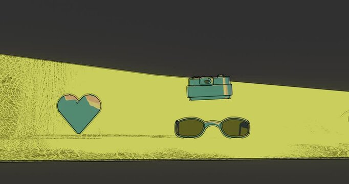 Pop art style of sunglasses and camera animated ready for vacation