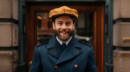 A smiling vintage postman in a blue coat and cap stands outside a building