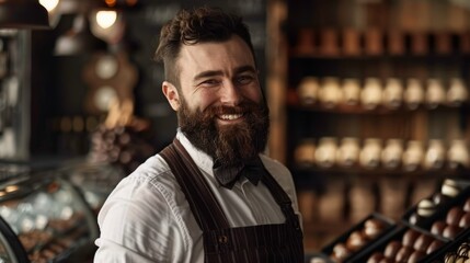 Smiling bearded man chocolatier in his shop
