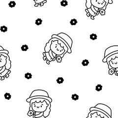 Cute kawaii little girl. Seamless pattern. Coloring Page. Happy kid cartoon character. Hand drawn style. Vector drawing. Design ornaments.