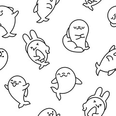 Funny dolphin characters. Seamless pattern. Coloring Page. Cute cartoon kawaii sea animal. Hand drawn style. Vector drawing. Design ornaments.