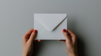 A persons hand holds a white envelope with a white background