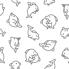 Cute kawaii dolphin in different poses. Seamless pattern. Coloring Page. Funny cartoon marine character. Hand drawn style. Vector drawing. Design ornaments.