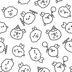 Cute happy kawaii tempura shrimp. Seamless pattern. Coloring Page. Funny cartoon food character. Hand drawn style. Vector drawing. Design ornaments.