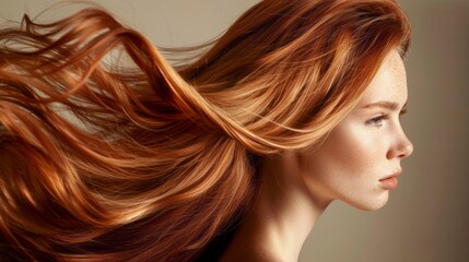 Naklejka premium A close-up profile shot of a woman with long, wavy ginger hair, captured against a beige background. Her hair is flowing and illuminated by a soft, golden light