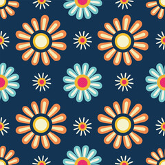 Blue yellow seamless floral pattern wrapping paper vector scrapbook flower wallpaper dark blue background 
