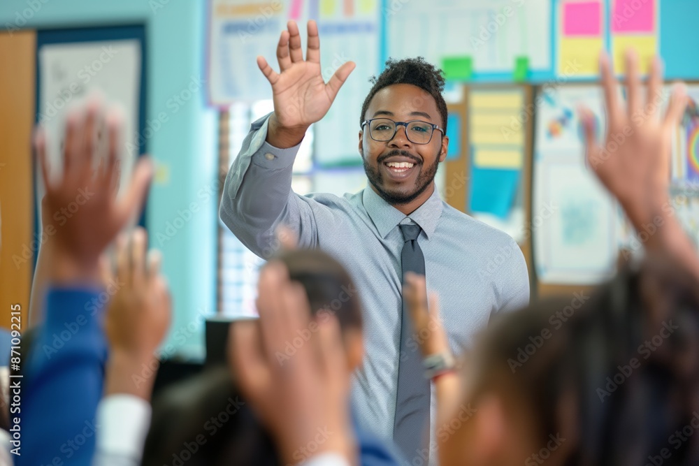 Poster an enthusiastic teacher engages with students, creating an interactive classroom environment.