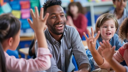 Smiling teacher interacting with excited students in a colorful classroom setting.