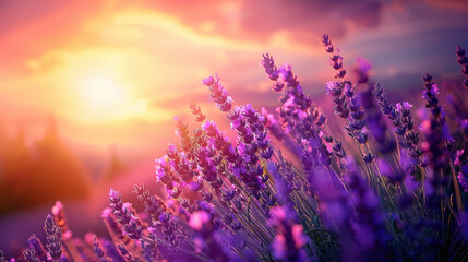 Naklejka premium A mesmerizing digital art piece featuring a lavender flower field at sunset with fresh purple blossoms glowing in the dreamy, ethereal light.