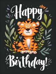 Happy Birthday Card with a cute Tiger Illustration on a black Background