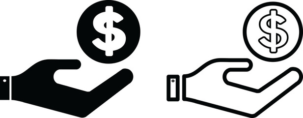 Hand Holding coin silhouette And line icon, Coin Icon in Hand, Finance concept. Arm and money black outline.