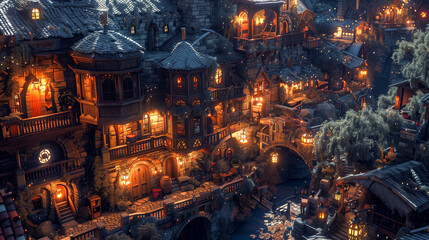 A captivating night scene showcasing a quaint, medieval-style town with cobblestone streets, charming buildings, and cozy lanterns