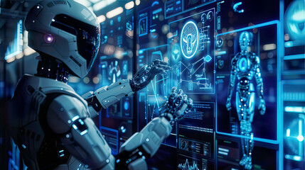 High-tech depiction of the new normal in smart business highlighting AI machine learning digital twin 5G big data IoT augmented and virtual reality and robotic integration sleek and modern design