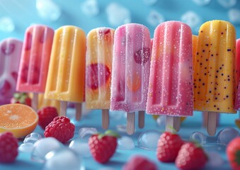 Playful Popsicle Illustration in Bright Geometric Patterns on Vivid Blue Background