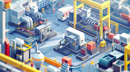 Fototapeta premium Modern graphic of a smart factory interior for Industry 4.0 highlighting IIoT machines optimized workstations and automated production lines with detailed elements focusing on performance enhancement 