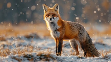 Fototapeta premium A red fox standing in a snowy landscape, with snowflakes falling and a serene, wintery atmosphere