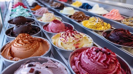 A wide range of gelato flavors, from rich chocolate to creamy vanilla, is beautifully displayed in trays, ready to tempt dessert lovers with their vibrant colors and textures.