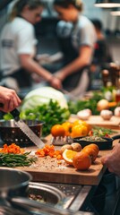 Obraz premium A close-up view of a bustling workshop kitchen, showcasing students preparing fresh ingredients like chopped carrots, oranges, and herbs