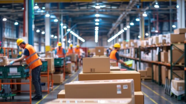 Warehouse workers in high-visibility vests and helmets organizing and packaging boxes in a large industrial space with shelves and equipment.
