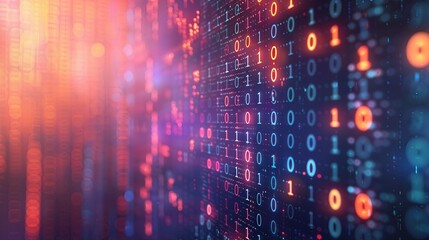 Abstract close-up of digital binary code data, bright colors and lights representing modern technology, coding, and big data analysis.