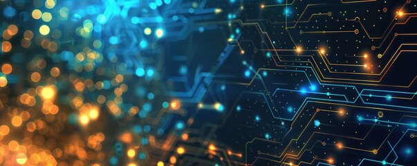 Obraz premium Abstract digital technology background with circuit board pattern and bokeh light effect in blue and orange tones.