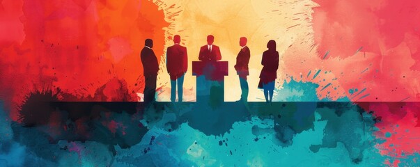 Obraz premium Abstract illustration of five business figures in vibrant colors, symbolizing teamwork, leadership, and corporate collaboration.