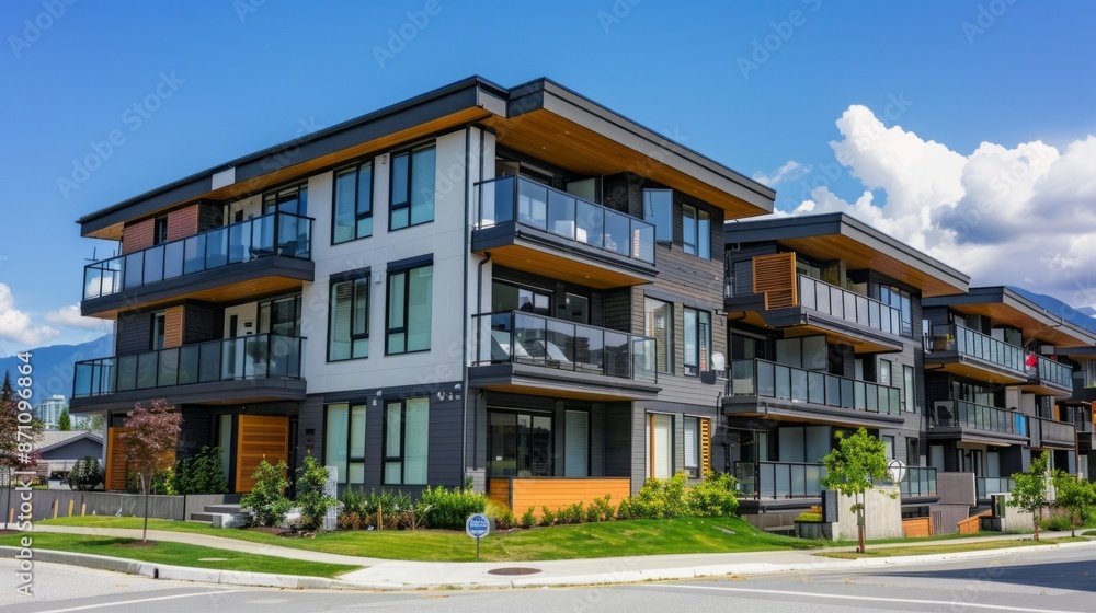 Poster a modern apartment building with balconies overlooks a quiet street in vancouver. the building featu