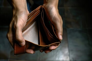 Hands holding an empty leather wallet, emphasizing financial struggle, poverty, or economic hardship with a dark background.