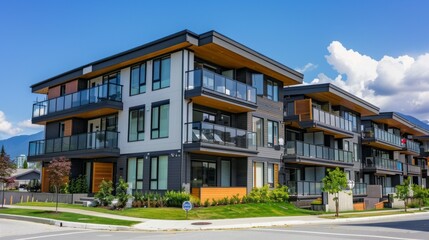 Fototapeta premium A modern apartment building with balconies overlooks a quiet street in Vancouver. The building features a sleek design with large windows and a contemporary color scheme