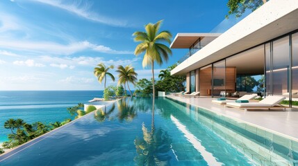 Fototapeta premium Luxurious infinity pool overlooking the ocean at a tropical resort villa. Perfect getaway for vacation, relaxation, and travel.