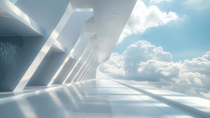 Futuristic white architecture structure with a cloudy sky background. Concept for modern design, innovation, technology, and future.