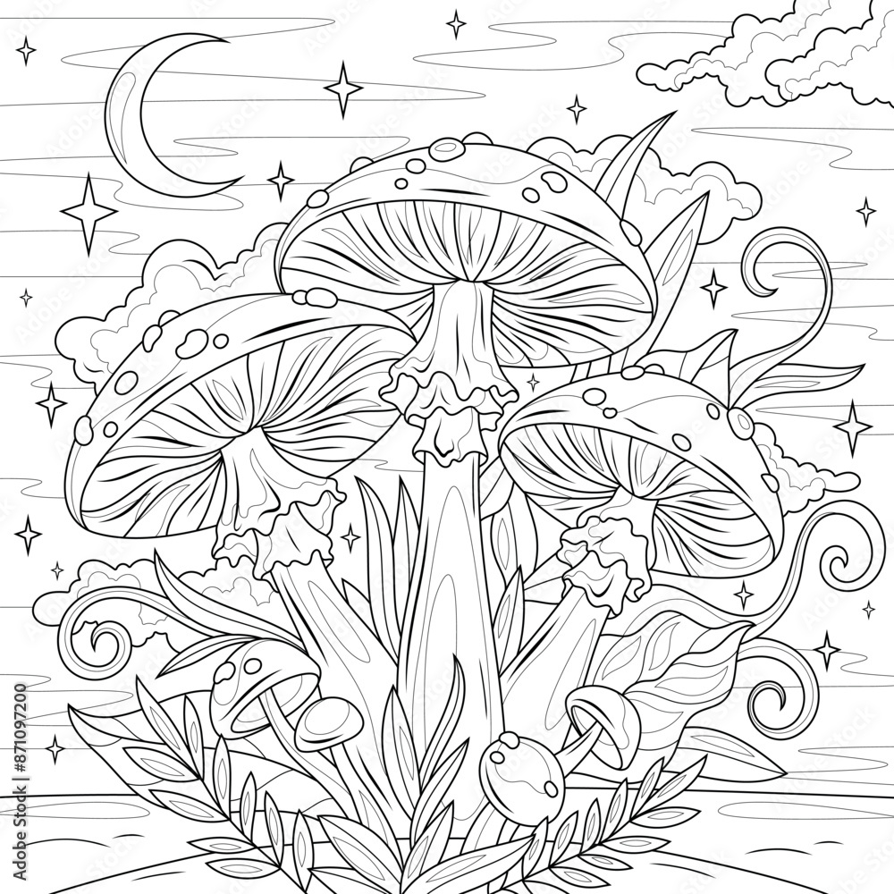 Canvas Prints Amanita mushrooms on the background of the starry sky and the moon.Coloring book antistress for children and adults. 