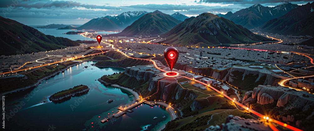 Wall mural connected waymarks or highlighted points, show the way to the desired destination on a route on a ma